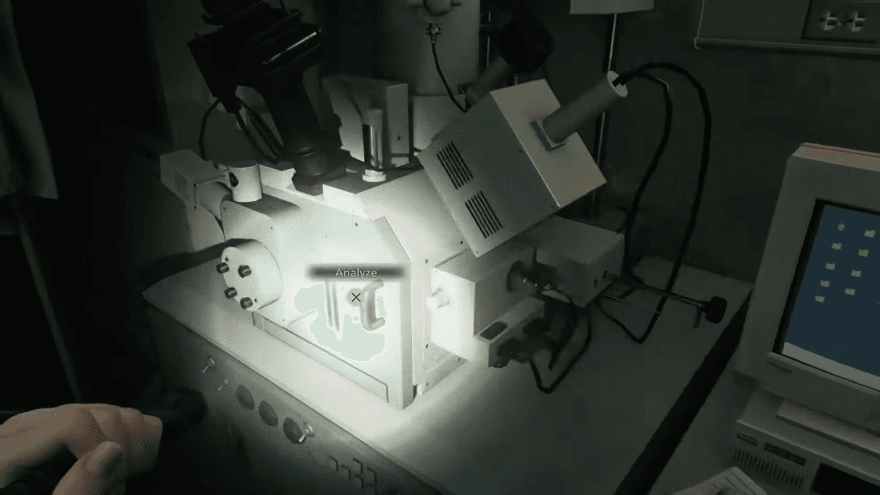 Laser microscope analyzer examining the severed hand in Resident Evil Requiem laboratory